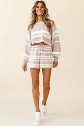 Carlo Drawstring Waist Shorts Striped Pattern Mocha